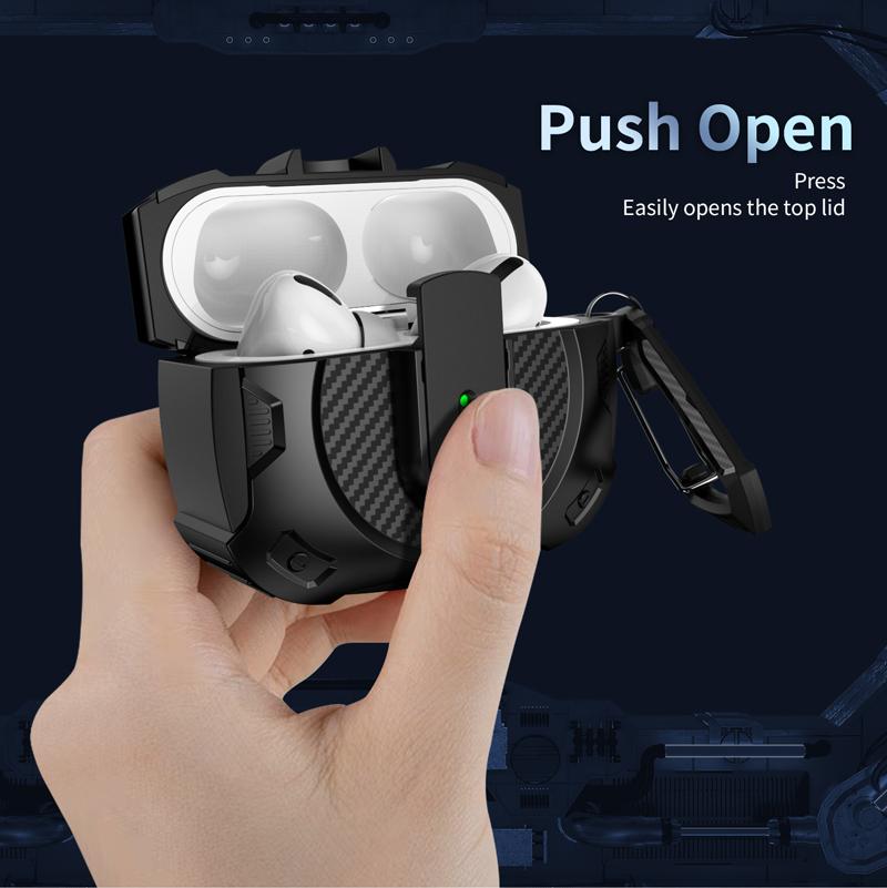 Secure Lock Clip Carbon Fiber Hard Shell TPU+PC Case For Airpods 4 For Airpods Pro2 3 2 1 Case Cover with mountaineering buckle