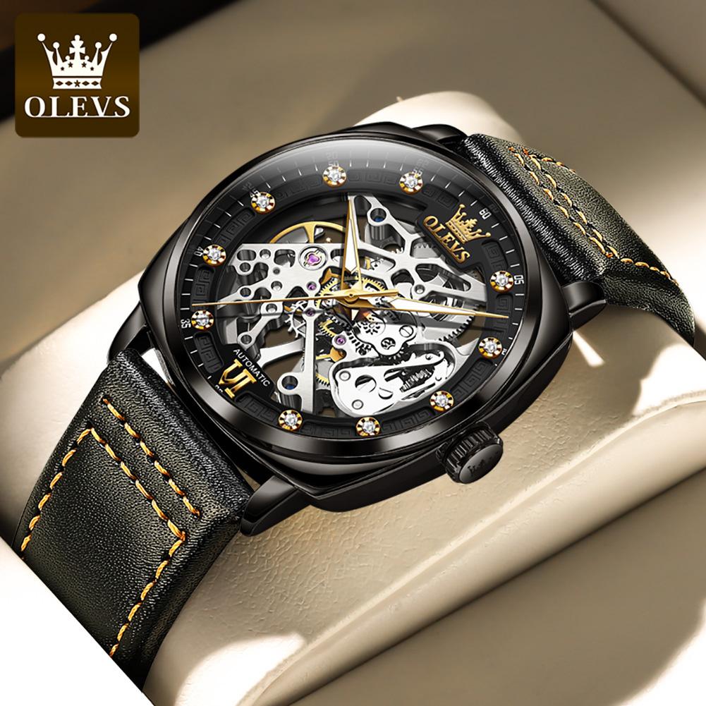 OLEVS 6651 Men's Watches Hollow Square Dial Leather Strap Business Men Wristwatch Original Luxury Brand Men's Wristwatches