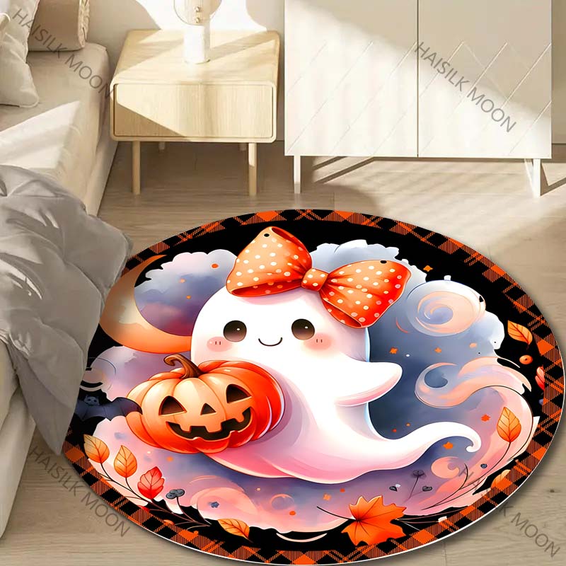 1PC Pumpkin Head Bat Castle Halloween Round Carpet for Kids Living Room Rugs Picnic Mats Flannel Anti-Slip Rug Luxury Gift