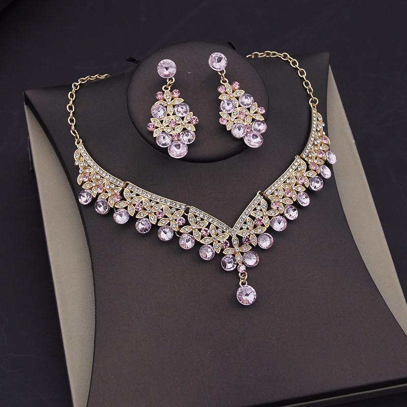 Luxury Pink Crystal Bridal Jewelry Sets for Women Tiaras Necklace Sets Girls Wedding Crown Combs Bride Jewelry