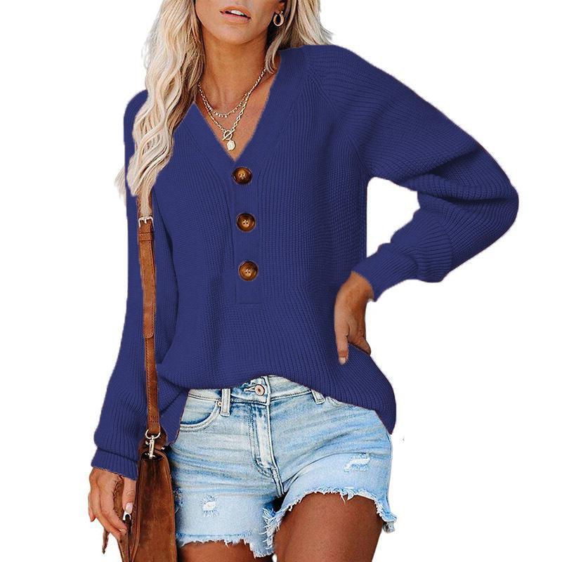 Popular Top Women's Button Design V-neck Pullover Sweater Women's Autumn and Winter Loose Outer Wear Lazy European and American Style