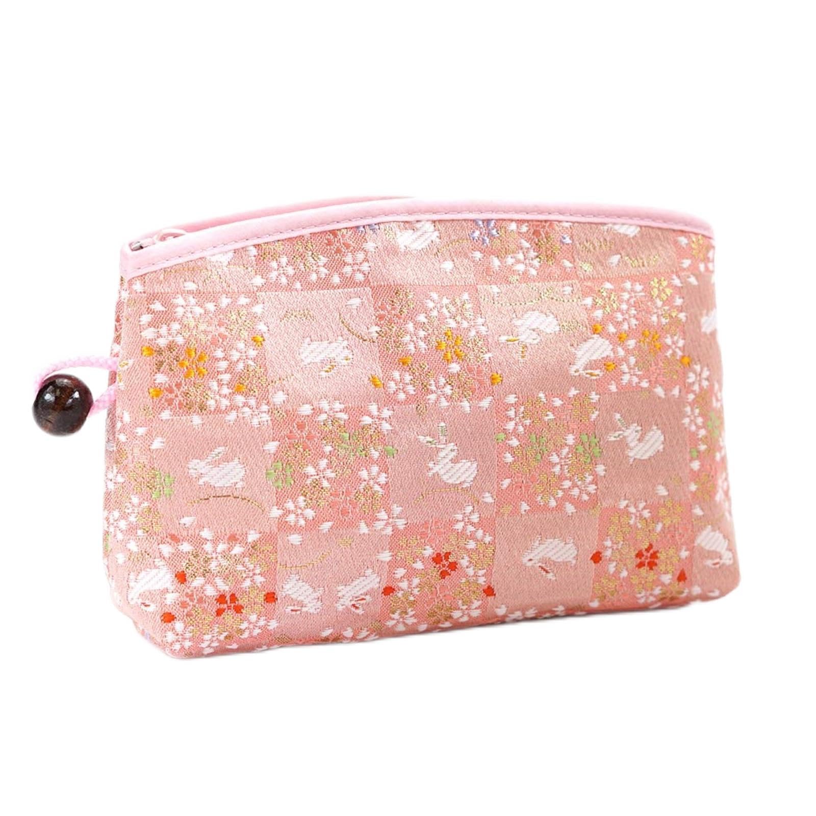 

Kyoto Geibido Nishijin Brocade Cosmetic Japanese Made in Japan Checkered Pouch, Pattern, (Pink Pattern)