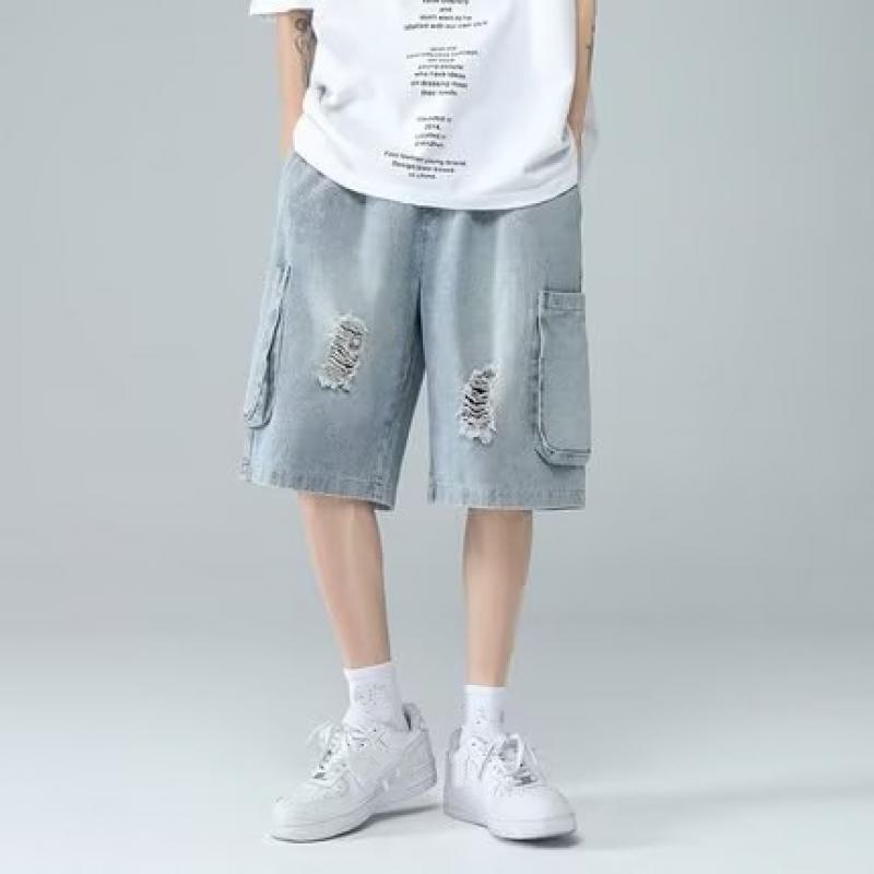 

Новые модные американские джинсовые шорты для лета и осени Y2k, спортивные мужские повседневные однотонные рваные прямые джинсы в стиле хип-хоп, S-3XL 2XL светло-синий