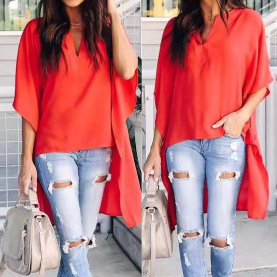 Hemd, große Größe, V-Ausschnitt, Top, Bluse, halb unregelmäßig, ausgestellte Ärmel, locker