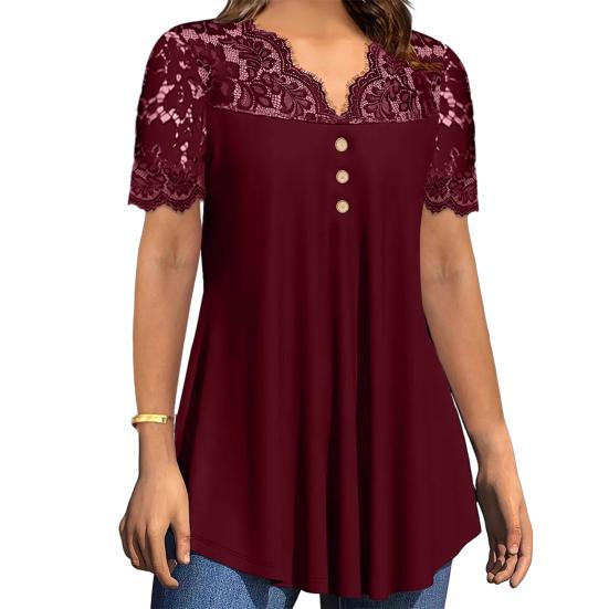 Women Tops Deep V Neckline Short Sleeve Pullover Lace Splicing Tops Pure Color Loose Hem Anti-Wrinkle