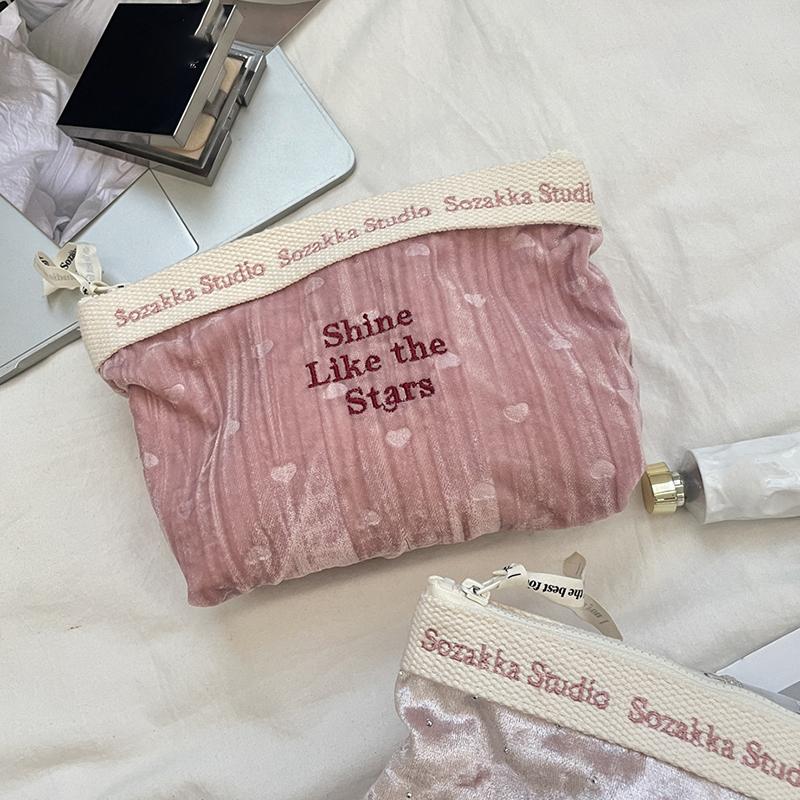 Slim Velvet Makeup Bag with Elegant Embroidery High Capacity Cosmetic Organizer Pouch Travel Wash Storage Toiletry Bag for Women
