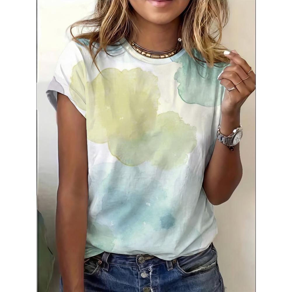 Women s loose round neck T-shirt in soft watercolor abstract print in pastel tones XXS