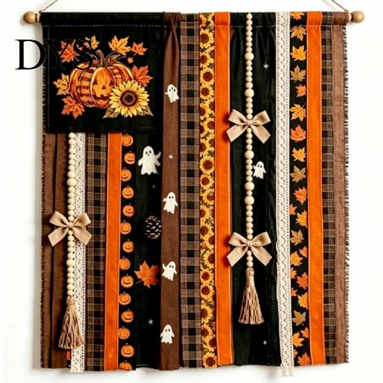 Seasonal Festival Gift Halloween Rag Banner, Orange Black Skull Ghost Pumpkin Hanging Decoration, Rustic Theme Banner Fabric Stripe for Front