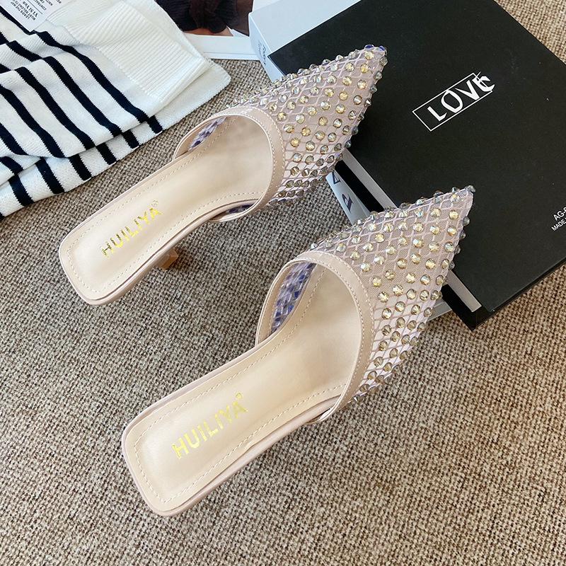 

Туфли-шлепанцы на высоком каблуке с острым носком, женские, полностью в стразах, женские, новые 2025 года, полые и тонкие, универсальные, для улицы, одинарные туфли, женские 39 розовый
