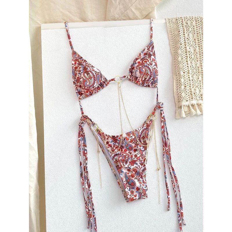 Open Back Printed Lace Up Swimsuit Set Backless Print String Bikini Set