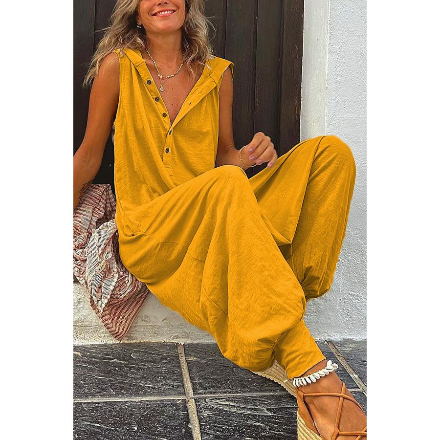 

Women s Summer Casual Hooded Jumpsuit Loose Half Button Tapered Leg Romper Overall Pants XL жовтий