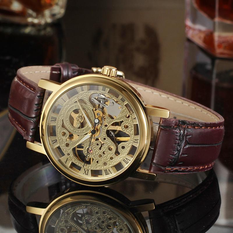 Winner Men's Double-Sided Skeleton Mechanical Watch, Gold Case with Brown/Red Strap.