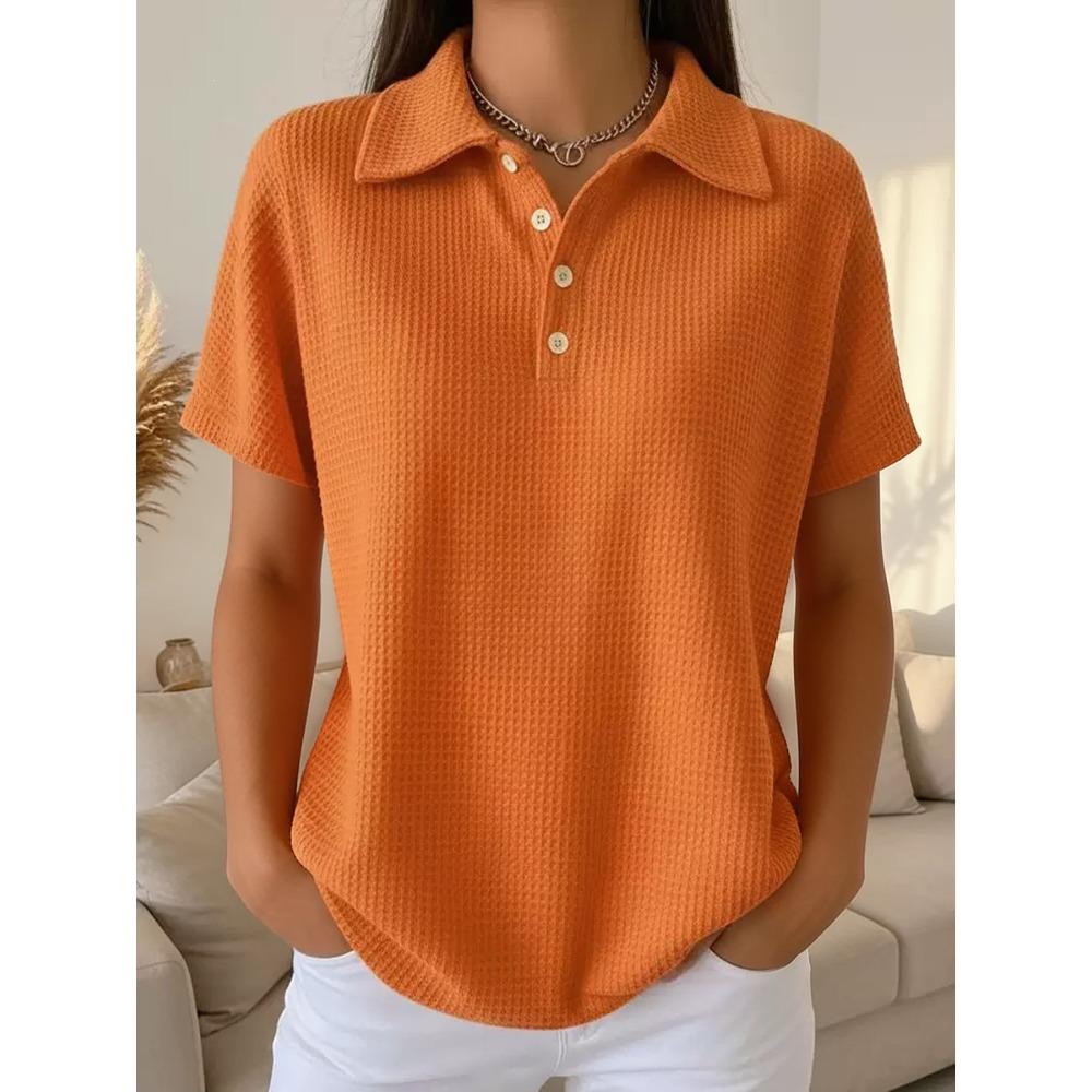 Women s Lapel Half Button Waffle Knit Short Sleeve Solid Color Casual Summer Polo Top S оранжевый