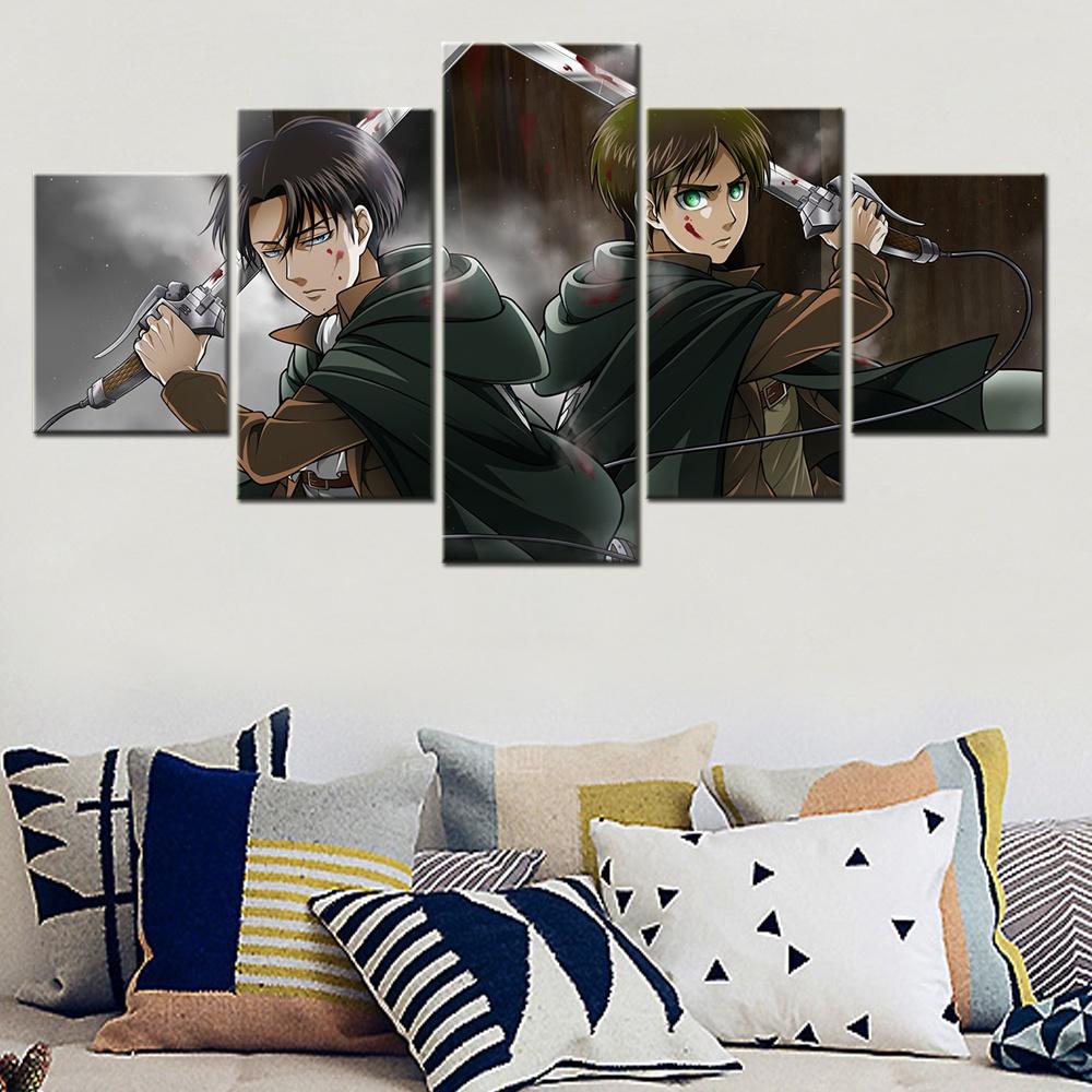 5 Pieces Canvas Wall Arts Anime Poster Painting Eren Yeager Modular Home Decor Picture Print For Living Room Artwork Framework