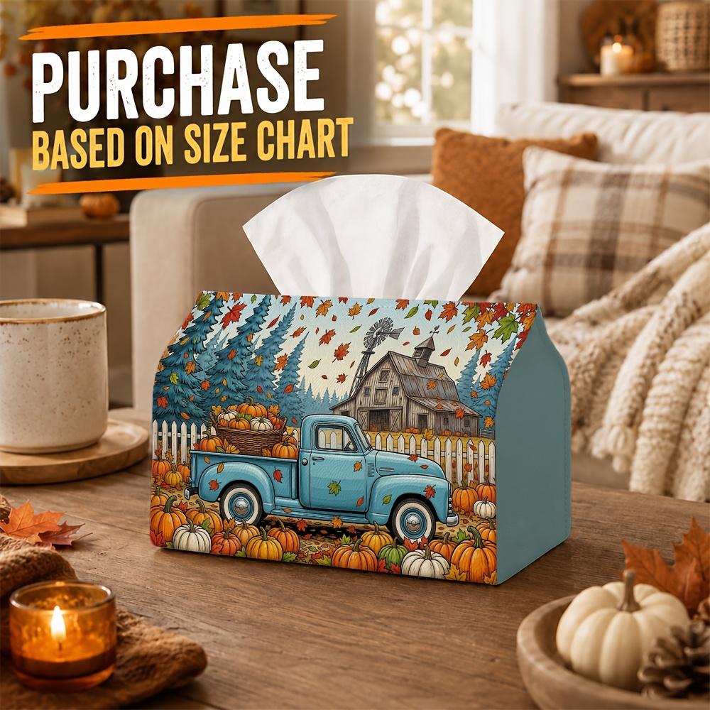 1pc Vintage Farmhouse Tissue Box with Pickup Truck & Barn Pumpkin - Rustic Napkin Organizer Suitable for Car, Kitchen, Tabletop Decor, Durable Napkin