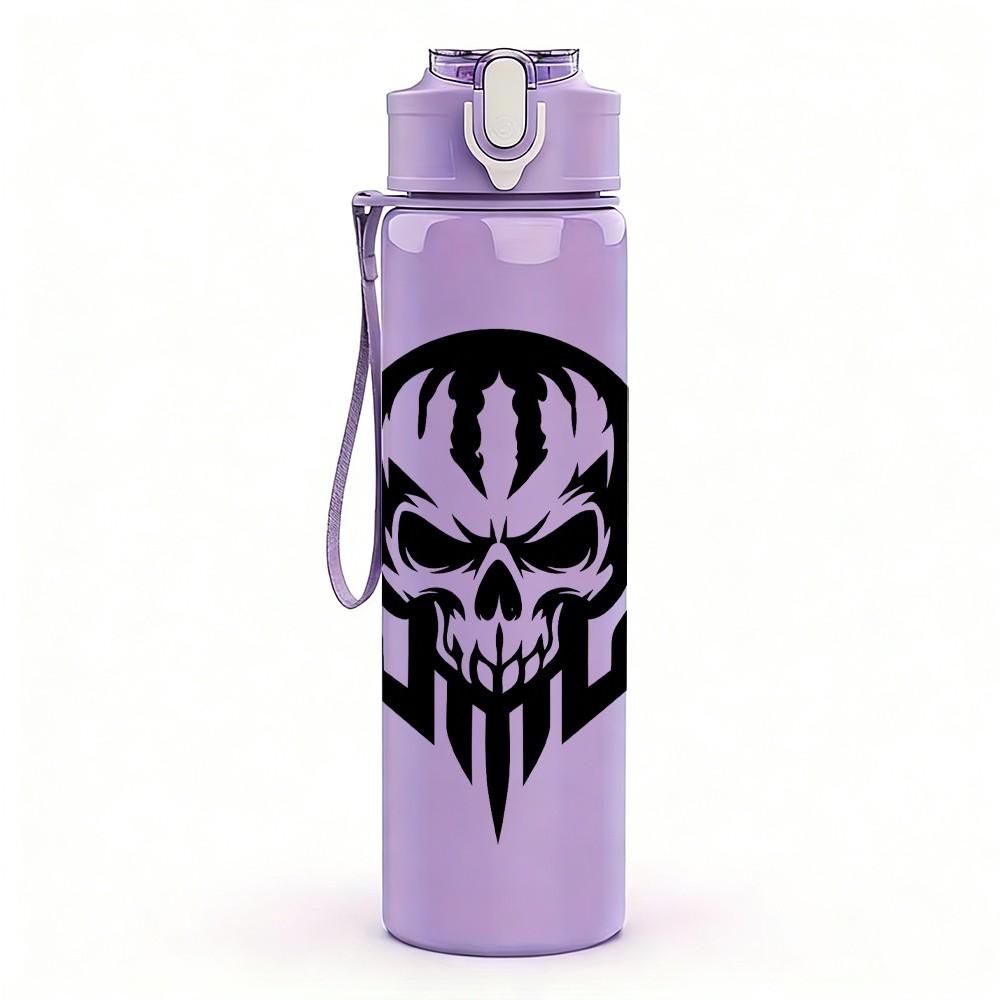 1PC Black Skull Warrior Head Print 750ml Color Plastic Sports Water Bottle Leakproof Flip Straw Lid Suitable for Sports Office Home Use
