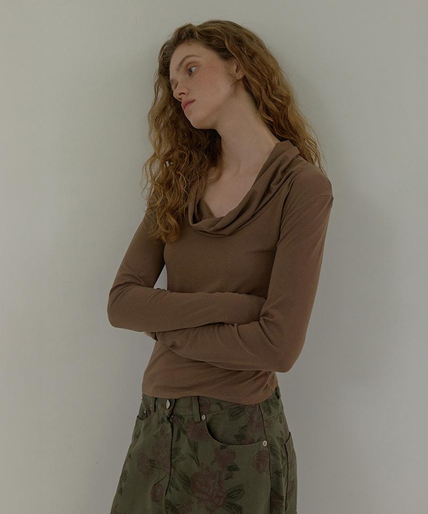 LONQUE Cowl Drape Long Sleeve T-Shirt (Brown)