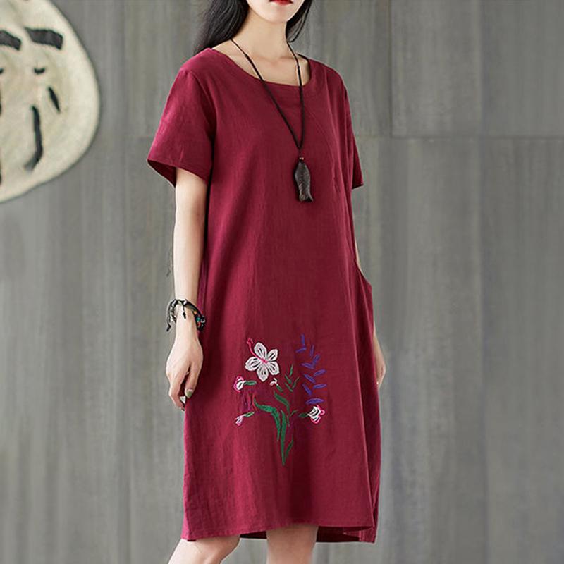 Bumbac și in, stil etnic retro, brodate lejer pentru femei, ocazională, rochie de lungime mijlocie, cu mâneci scurte, cu gât rotund de vară