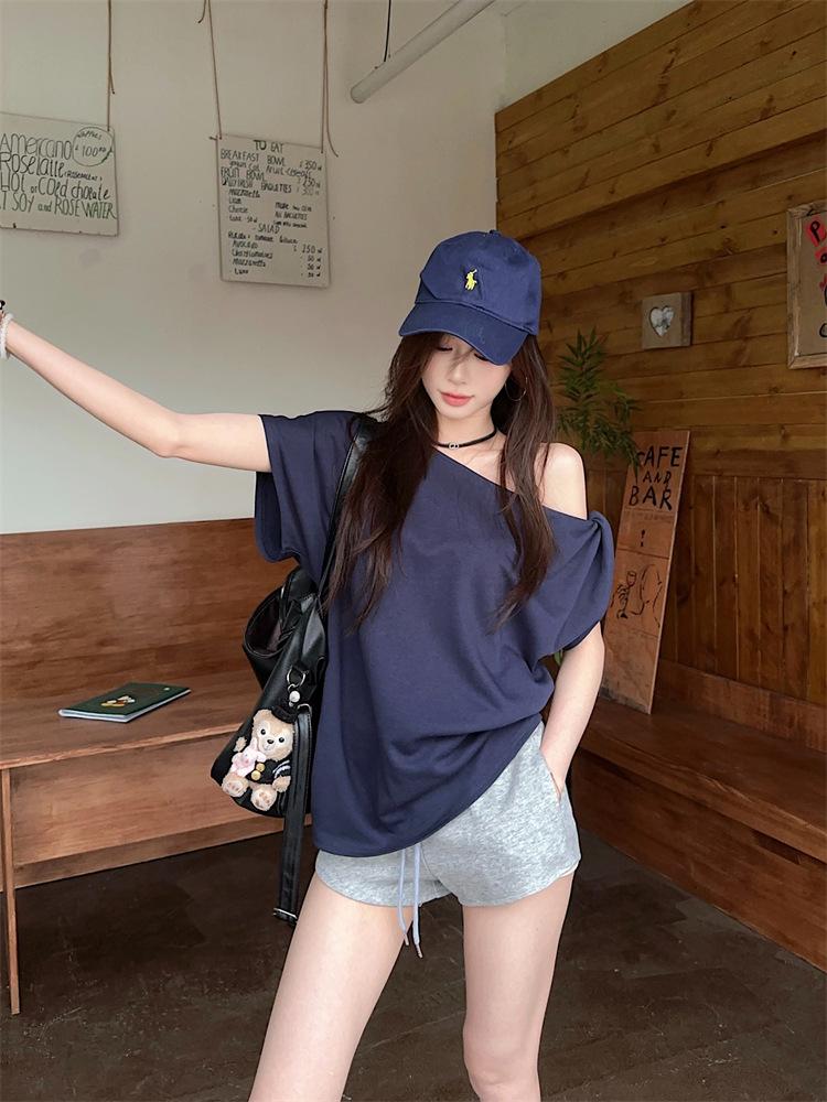 

Spice girl casual off-shoulder short-sleeved T-shirt women s summer new solid color design loose slanted shoulder student top XL