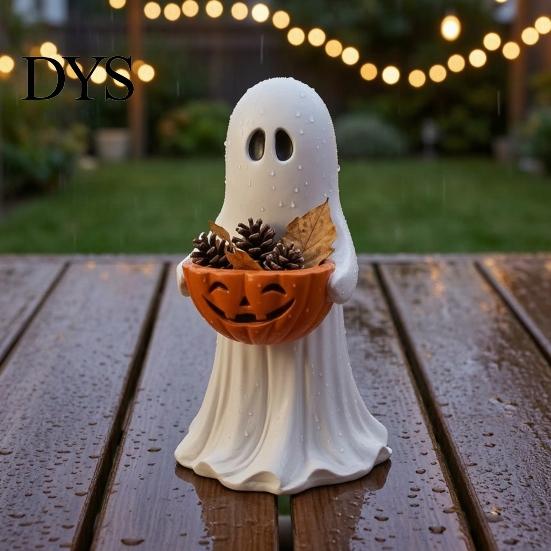 Decorative Pumpkin Snack Bowl Resin Ghost Statue with Candy Bowl, Cute Figurine, Trick Fall Harvest Home Decor or Treat Holder for Front Porch