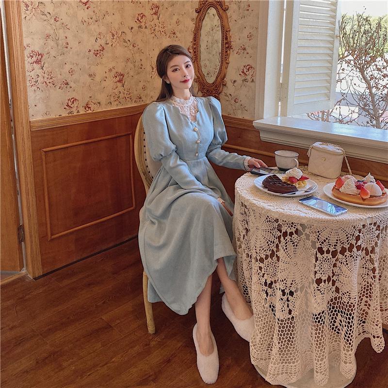 Vestido elegante sólido feminino inverno patchwork renda festa midi vestido feminino casual estilo francês doce kawaii vestido coreano feminino 2021
