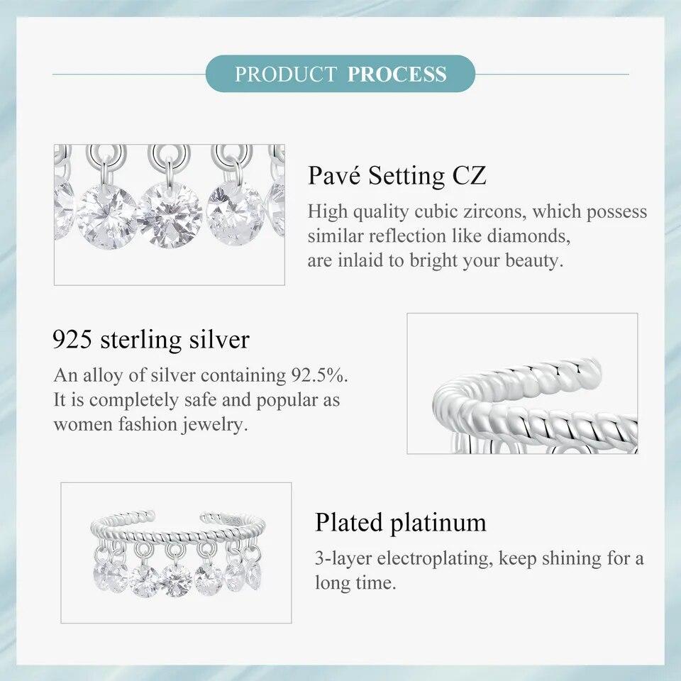 Bamoer 925 Sterling Silver Exquisite Tassel Opening Ring Mini Zircon Pendant Adjustable Ring for Women Party