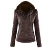 Kurze Langarmjacke für Damen mit Kapuze, schmale Jacke, warme Winterjacke aus PU-Leder