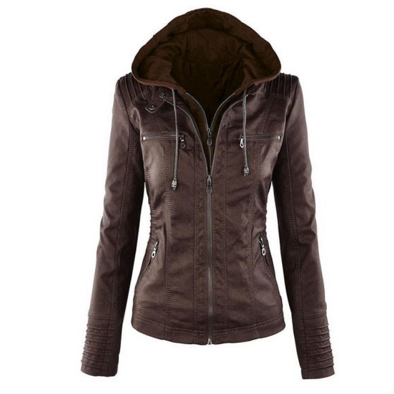Kurze Langarmjacke für Damen mit Kapuze, schmale Jacke, warme Winterjacke aus PU-Leder