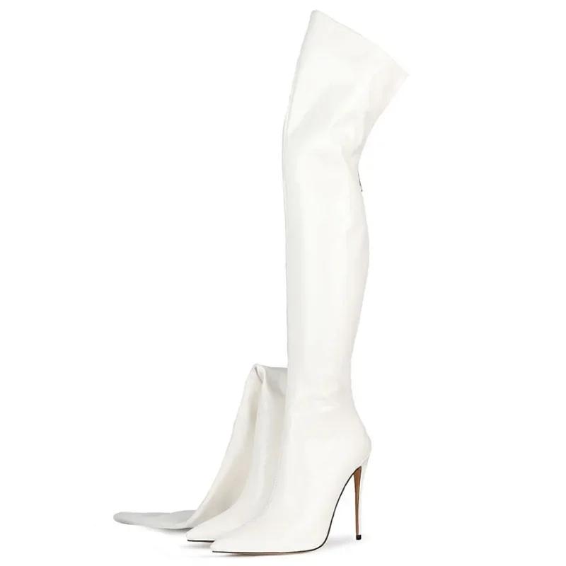 

20 Женские ботфорты Сексуальные ботильоны Челси 12 см Шпилька Модные Остроносые Задняя молния Ботинки из яркой кожи Женская обувь 45 белый