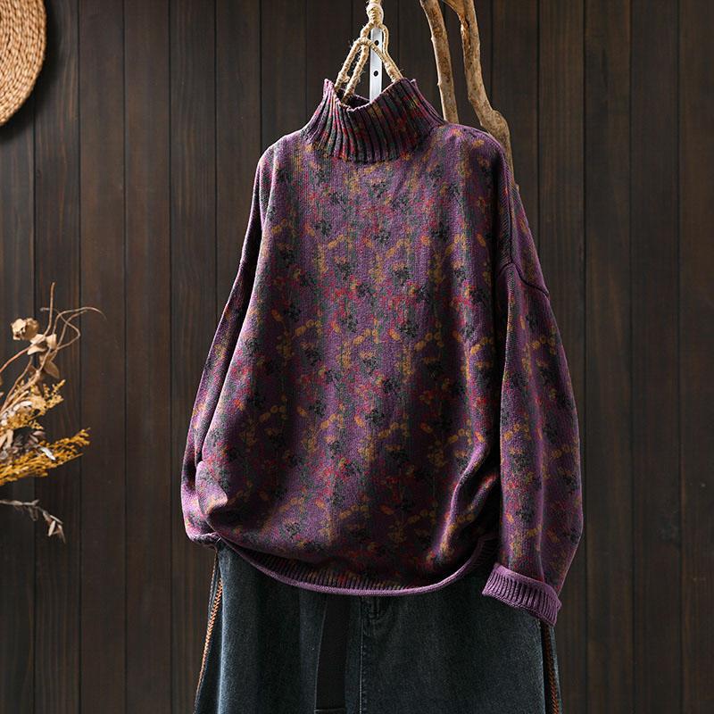 Women's Long Sleeve Turtleneck Sweater Mock Neck Floral Vintage Japanese Casual Pullover Knit Top