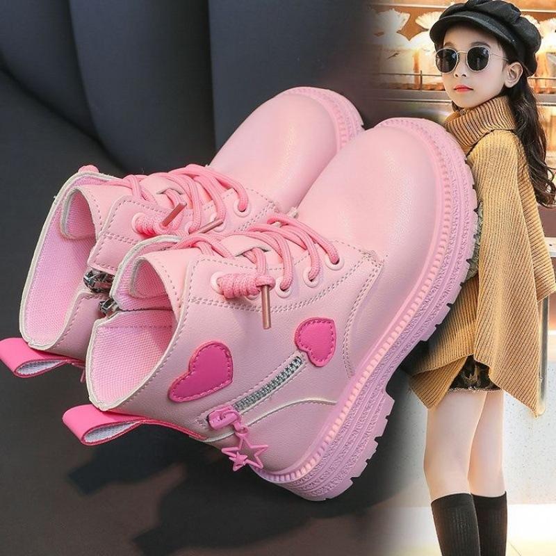 Fashion Girls Boots Kids Fashion Rubber Boots Cool Girl Autumn and Winter Cotton Soft Sole Pink with Love Side Zip Princess Round-toe PU