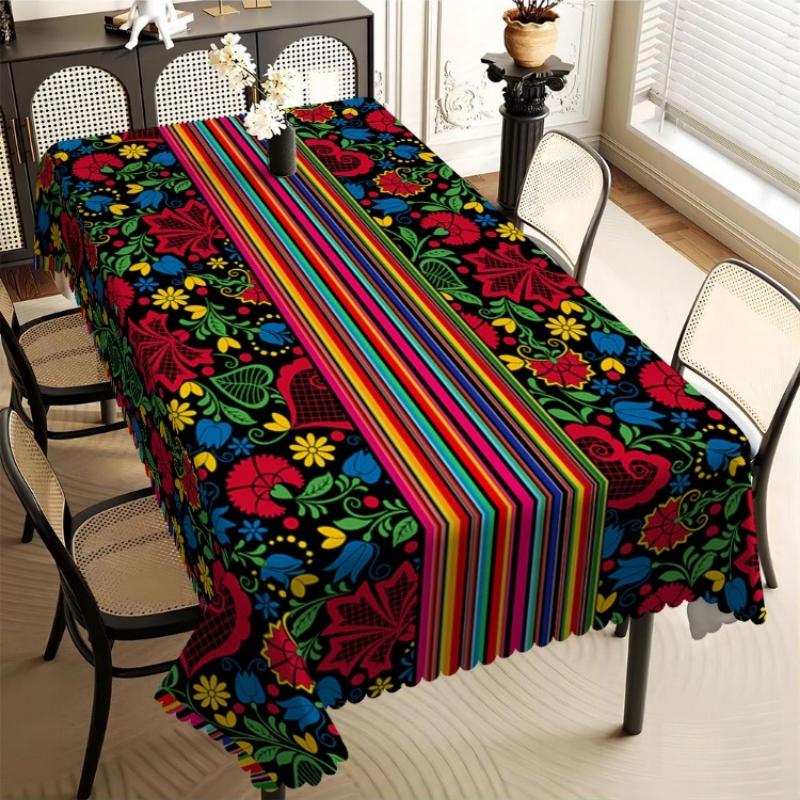 Levendig Mexicaans Bloemig Tafelkleed, Schone Volkskunst Print met Kleurrijke Strepen, Golvende Rand, Vuilafstotend voor Huisdecoratie 100x140cm