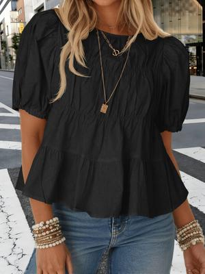 Womens Cotton Babydoll Blouse Puff Sleeve Smocked Peplum Flowy Top