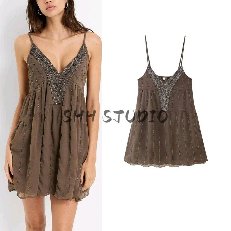 Summer New Women clothes Holiday Style Loose Slimming Simple Casual Beaded Sequined Embroidered Sling Mini Skirt