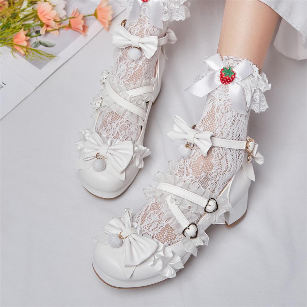 Fashion Cross Strap Women High Heels Mary Jane Pumps Party Wedding White Pink Purple Beige Strawberry Bow Princess Cosplay Lolita Shoes