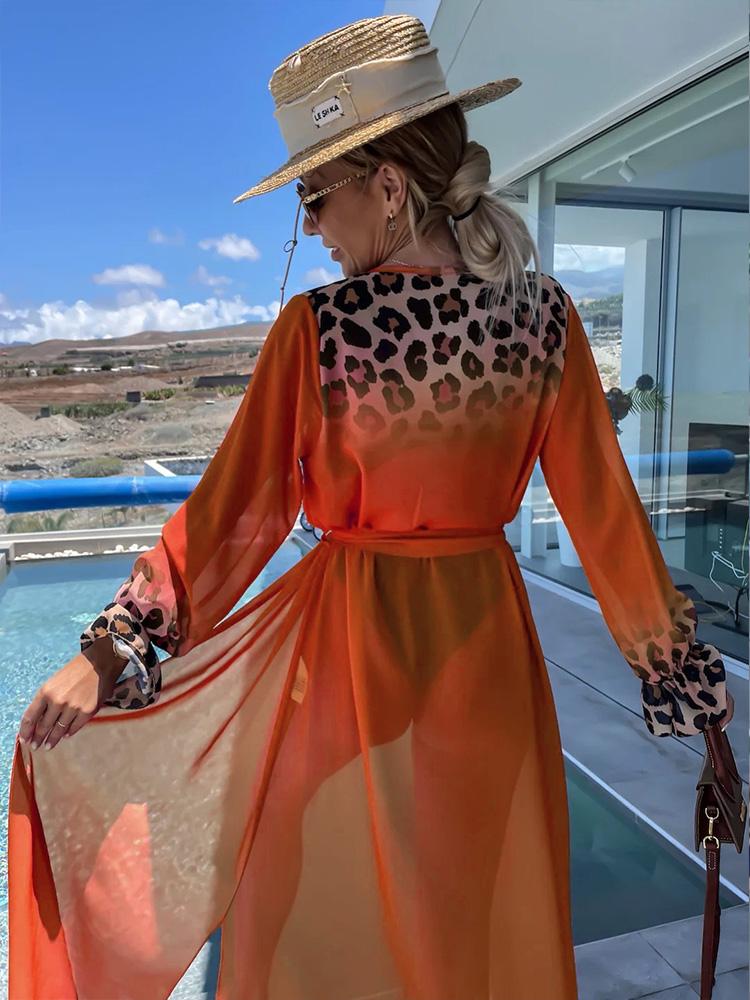 Leopard Print Beachwear Bathing Suit Coverup Plus Size Chiffon Long Sleeve Maxi Dress Open Front Kimono Cardigan Lightweight Tunic Belt Outfit A2705