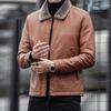 Men Imitation Leather Jacket with Velvet Lining Lapel Long Sleeve Zipper Placket Solid Color Autumn Winter Coat