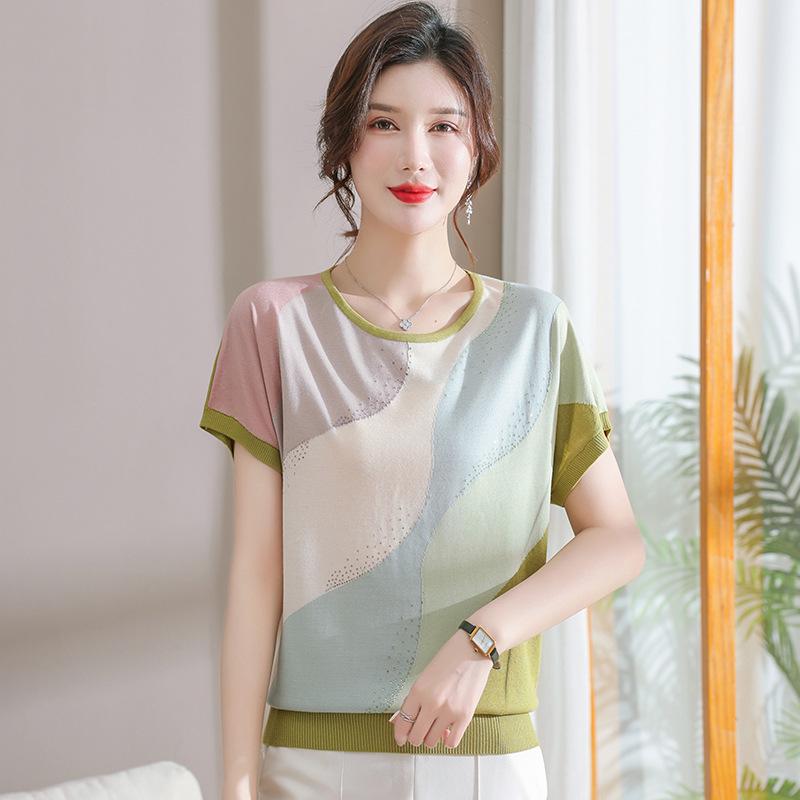 

Mom s Summer Chiffon Colorblock Short Sleeve Top 120
