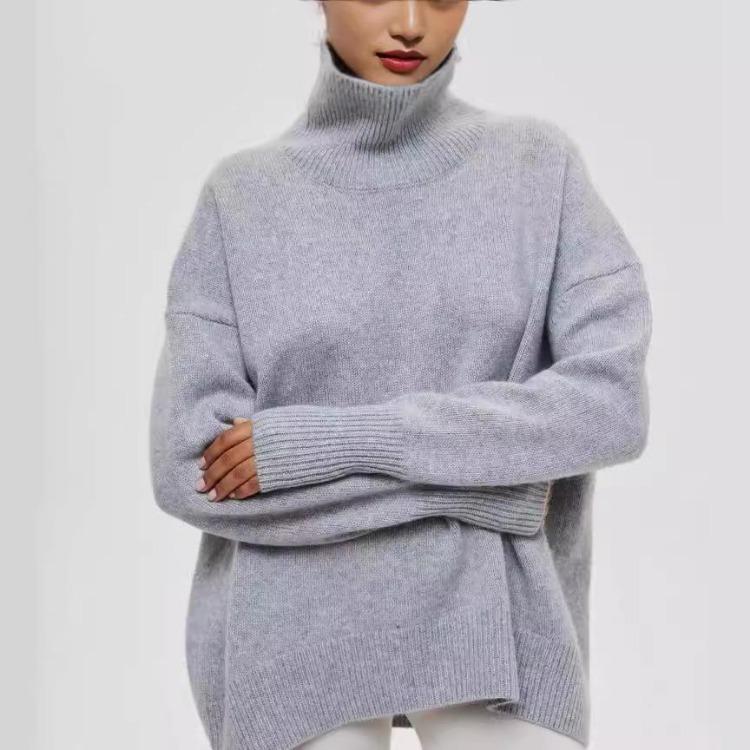 Loose Women Pullover Knitted Sweater Fashion Long Sleeve Autumn Winter Solid Color Half High Collar Tops