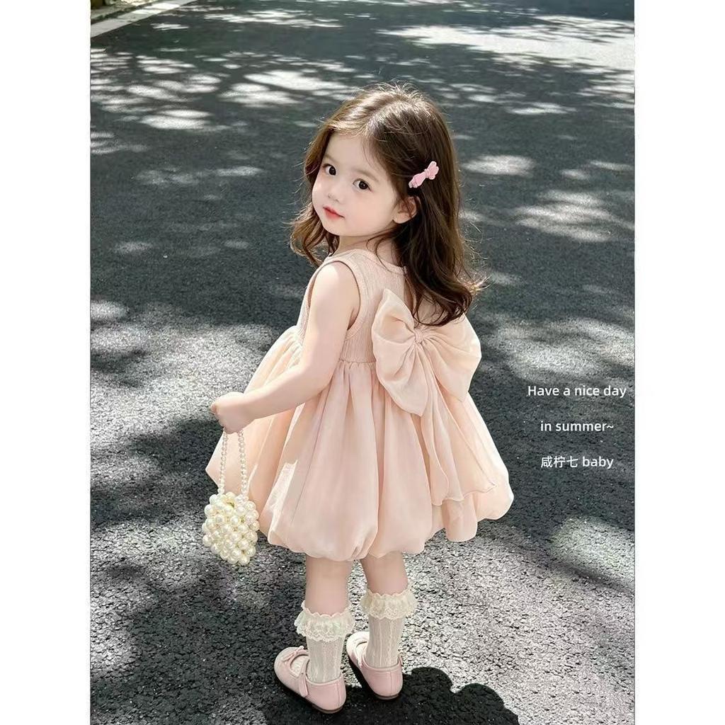 Summer Girls Pink Bow Princess Sleeveless Dress Sweet Baby Party Outfit