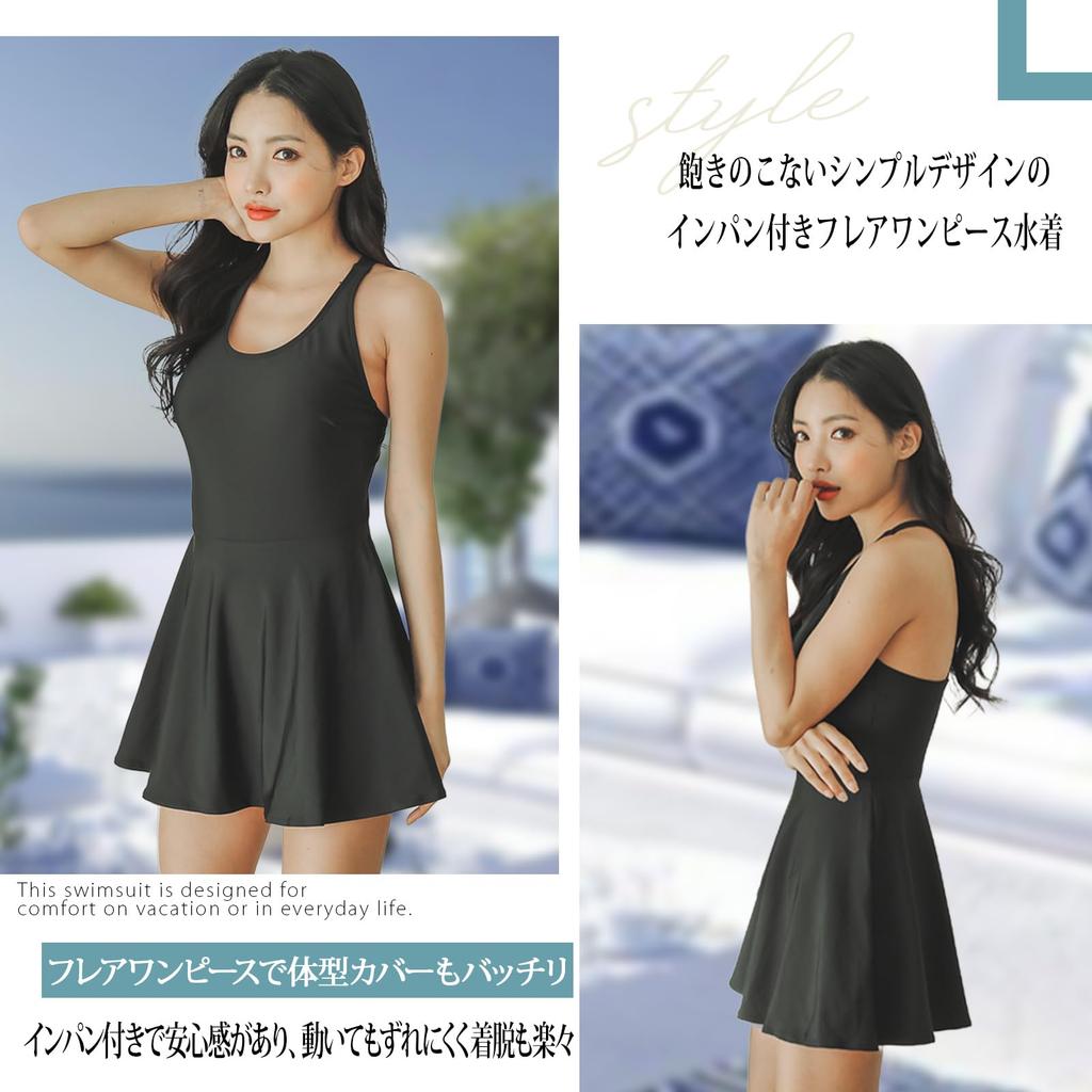 Simple Flare Size M [RAVIR] Women's One-Piece Swimsuit, Inpan, Black,