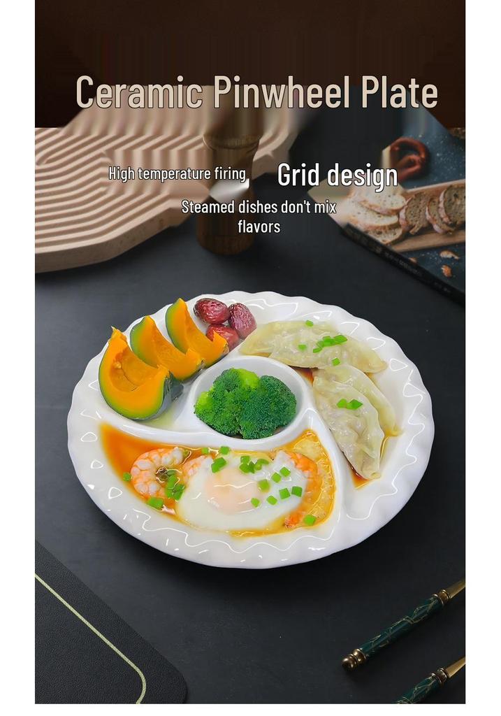 Windmill Five-Compartment Ceramic Dish - Ideal for Braised, Steamed, or Dumpling Dishes.