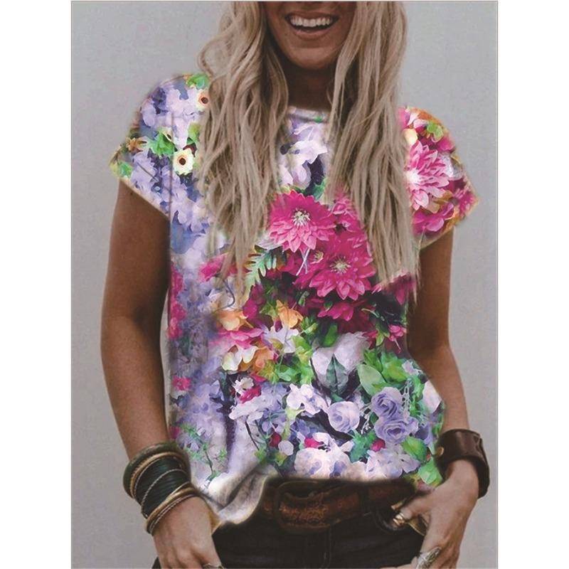 Summer Round Neck 3D Flower Print Top Fashionable Casual Short Sleeved Women's T-shirts