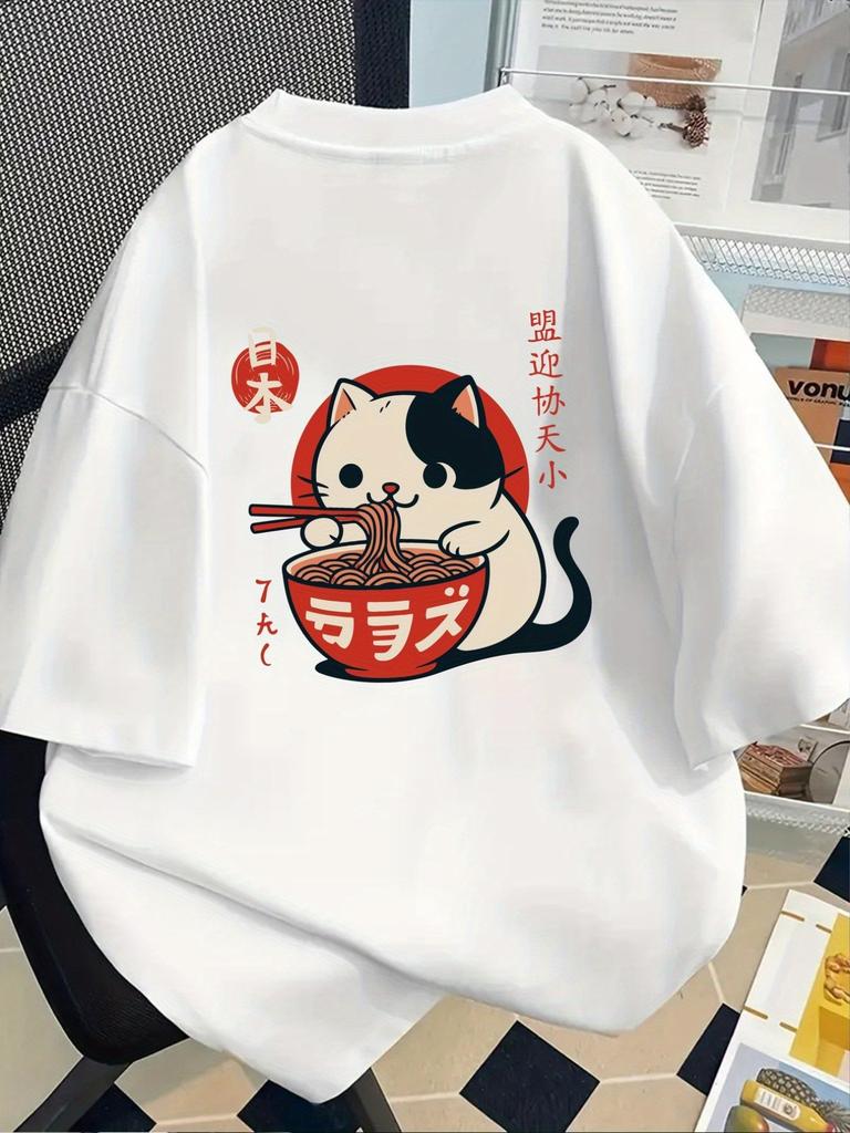 Kawaii Raunisex Cat Graphic T Shirt Japanese Kanji Back Print Harajuku Aesthetic Unisex Loose Casual Short Sleeve Tops