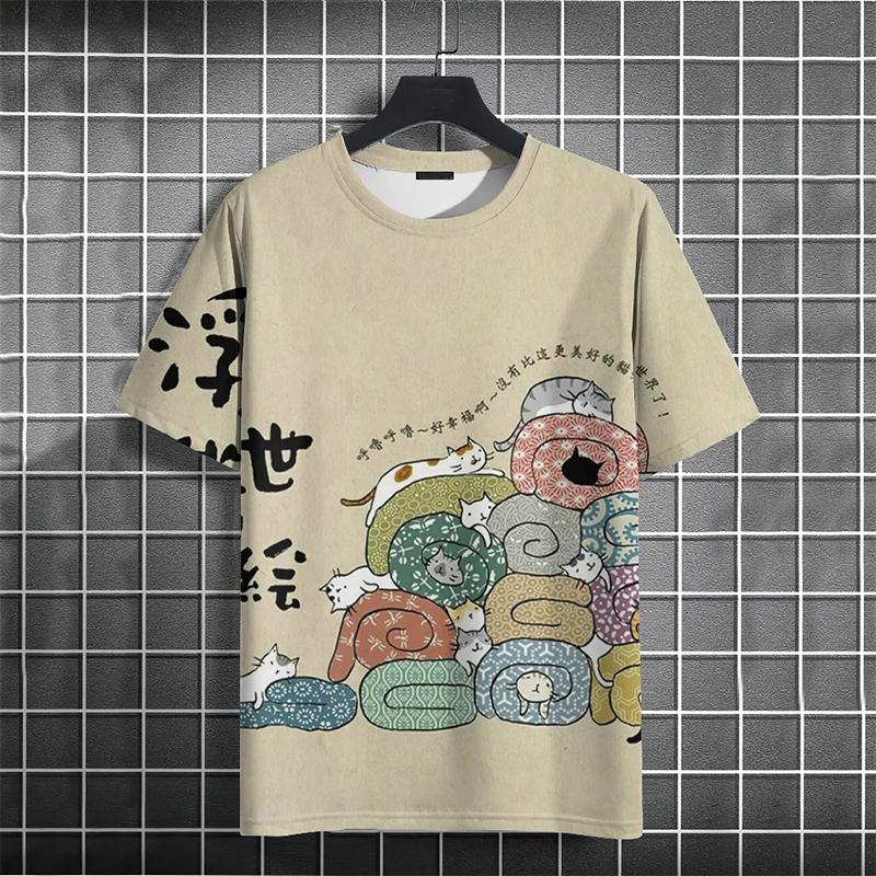 Summer Round Neck 3D Funny Cat Print Top Fashionable Casual Short Sleeved Men's T-shirts
