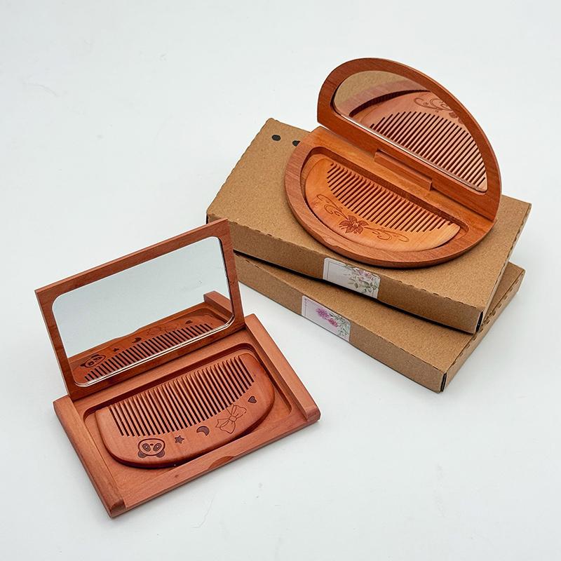 Holdbart 2-i-1 Trækam Spejl Sæt Mini Vintage Makeupspejl Ferskentræ Rektangulært Bærbart Foldespejl Til Pige Dame