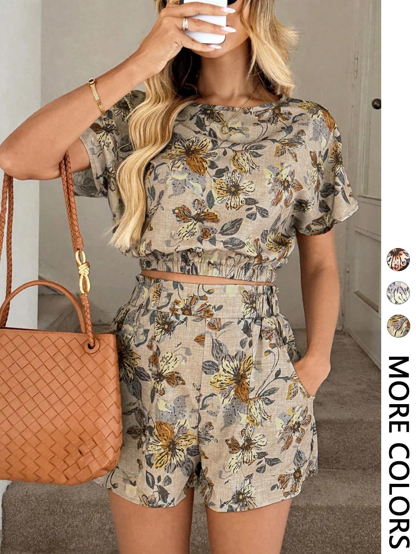 Amazon s new printed shorts set cross-border floral design French women s clothing S абрикосовый