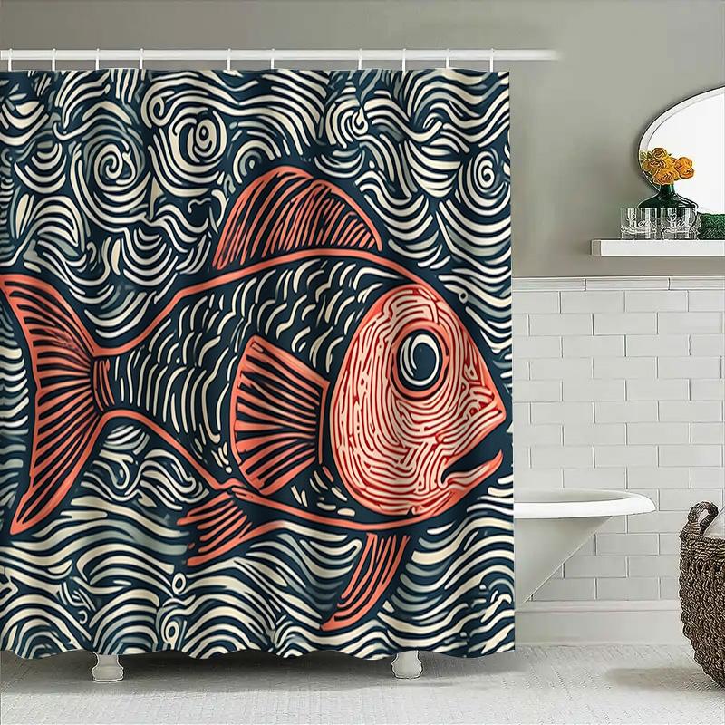 Vibrant Fish Shower Curtain Modern Bathroom Decor With Waves Pattern Perfect For Bathrooms Vanities Black Orange Red Fabric Prin