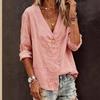 Women Summer Beige Cotton Linen V Neck Long Sleeve Casual Boho Blouse
