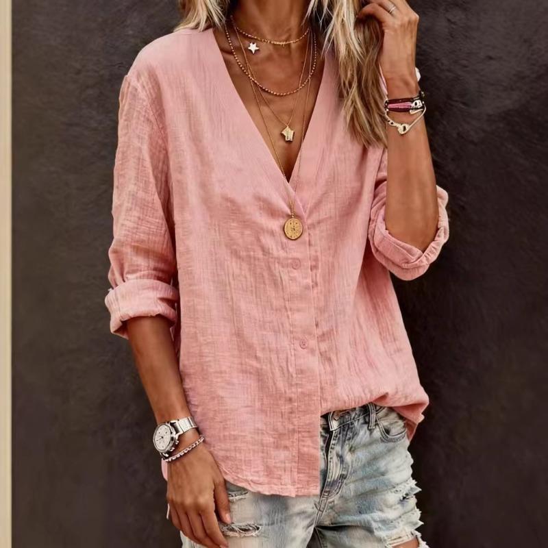 Women Summer Beige Cotton Linen V Neck Long Sleeve Casual Boho Blouse